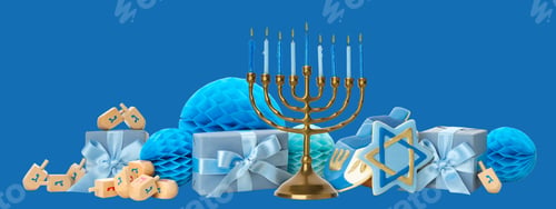 Preview: Menorah with lit candles surrounded by blue gifts and dreidels