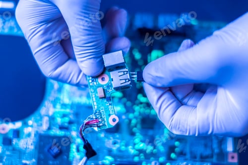 Preview: scientist assemble the modern technology gadget pieces in the laboratory f