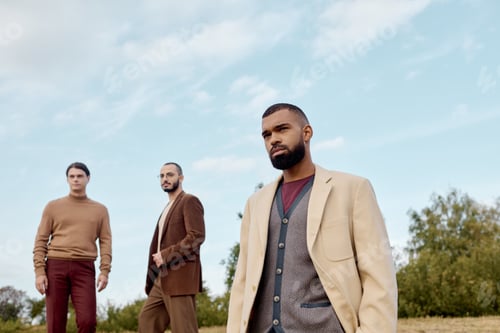 Preview: Male models displaying autumn fashion in a tranquil landscape at golden hour
