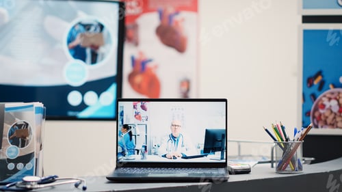 Preview: Doctor talking on videocall in lobby