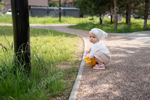 Preview: Toddler in white hat crouches on a sunlit path with a colorful bucket, surrounded by lush greenery.