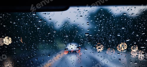 Preview: Rain shower on car windshield or car window and blurry road in background.