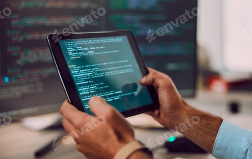 Preview: Coding, tablet in hands with man, web design and software update, computer with information technol