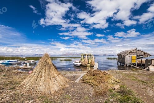 Preview: Boats and stilt boathouse on Lake Titicaca, Bolivia, South America