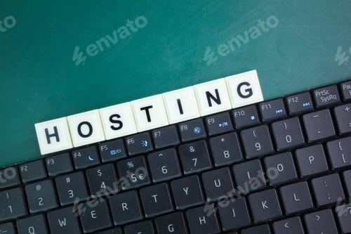 Preview: laptop keyboard and alphabet letters with the word hosting.