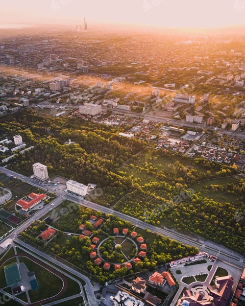 Preview: Golden hour aerial view of Bishkek residential area