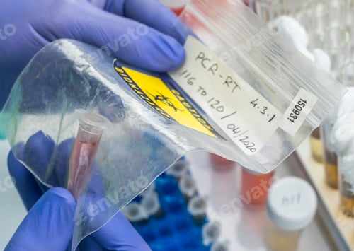 Preview: Scientist checks sample of Covid-19 in a biohazard bag, conceptual image