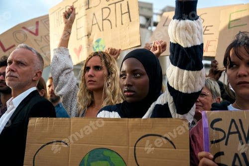 Preview: Serious Muslim woman holding a banner in a protest by a group of people at a demonstration