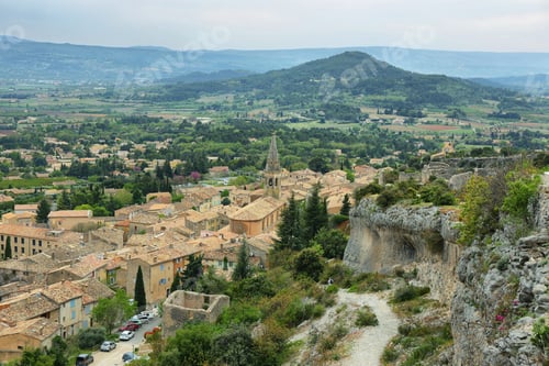 Preview: View of church houses and surrounding fields in St Saturnin les Apt, France