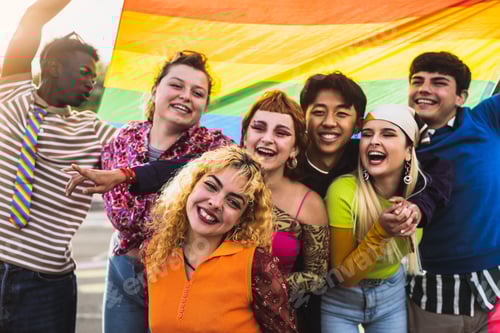 Preview: Happy diverse young friends celebrating gay pride festival - LGBTQ community concept