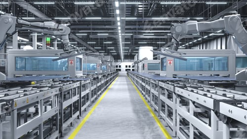 Preview: Automatized robotic arms in cutting edge solar panel factory, 3D render