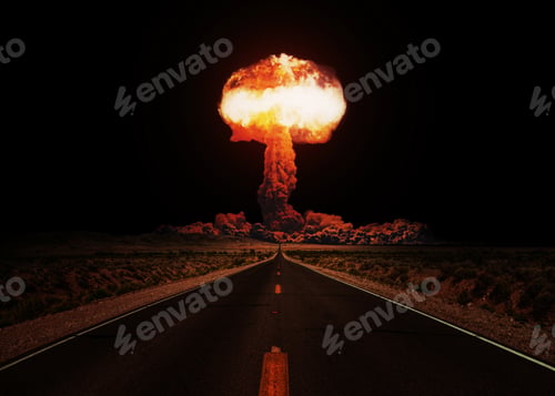 Preview: Terrible explosion of a nuclear bomb with a mushroom with road at night. Hydrogen bomb