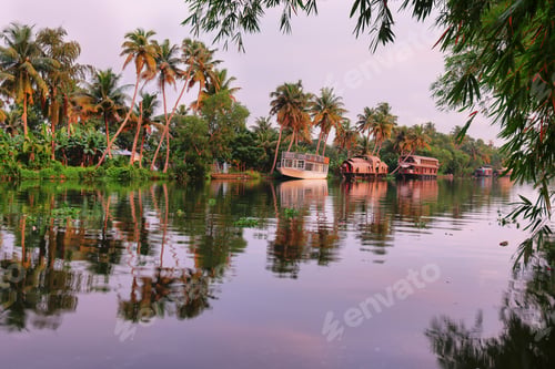 Preview: Boats on the riverbank of the backwaters in Allepey, Kerala at sunset, India.