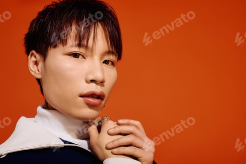 Preview: Stylish young man poses confidently against a vibrant orange backdrop in an urban setting