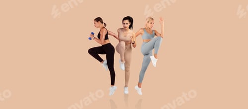 Preview: Women exercising in stylish athletic wear during a fitness class session
