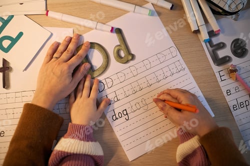 Preview: Caucasian Woman Guiding Child Practicing Handwriting during Learning Activity