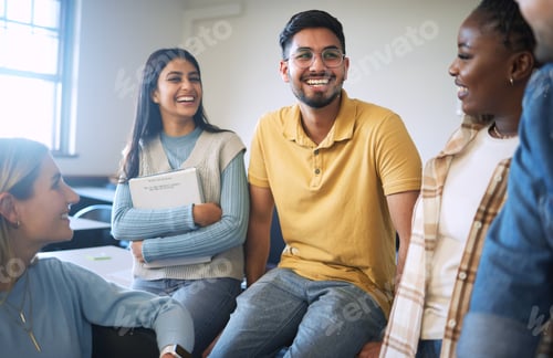 Preview: College friends, talking and happy people in school discussion for student scholarship, education a