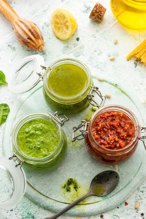 Preview: Homemade Pesto in Jars. Basil and Tomato Helthy Italian Pesto