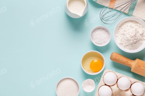 Preview: Baking or cooking background. Ingredients, kitchen items for baking.