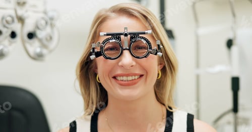 Preview: Portrait, happy woman and test frame for eye care, vision and healthcare in clinic. Face, smile and