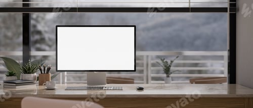 Preview: Modern urban home office workspace with computer mockup, stationery and decor on table