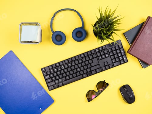 Preview: top view of businessman yellow desk concept image