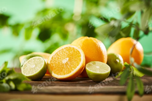 Preview: selective focus of cut, whole oranges and limes on wooden surface