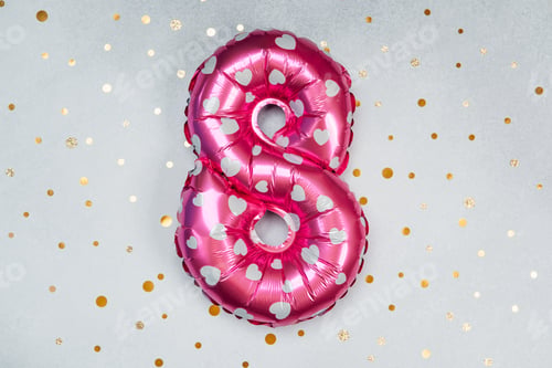 Preview: Pink heart balloon in the shape of the number eight on decorative background