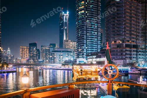Preview: Night Walk On Tourist Boat, Sightseeing Boat Sailing On Dubai Marina. Night View Of Dubai Marina Is