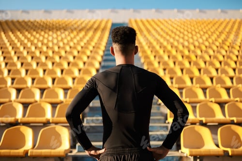 Preview: Back view of young African American sportsman among empty stadium seats