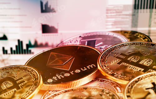 Vista previa: Diversifique su Porfolio de criptomonedas. Imagen conceptual de las monedas de criptomonedas sobre un fondo rojo.