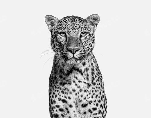 Preview: Black and white Head shot, portrait of a Spotted leopard facing at the camera