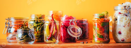 Preview: Assortment of various fermented and marinated food over wooden background, copy space. Fermented