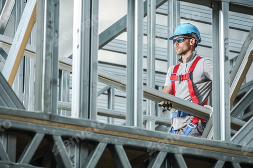 Preview: Construction Worker Lifting Metal Beams at a Building Site During Daylight