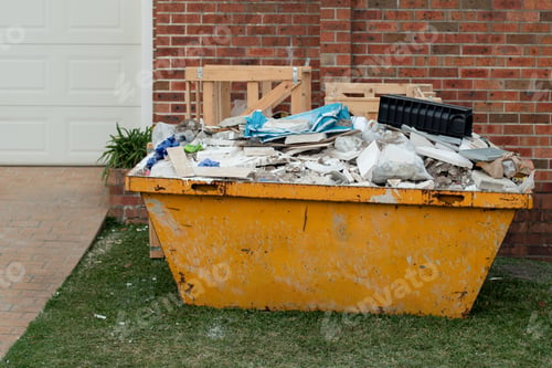 Preview: Skip bin full of household waste rubbish. House clean up and renovation concept. Waste management