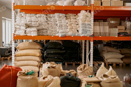 Preview: Warehouse of a small coffee factory with shelves and bags