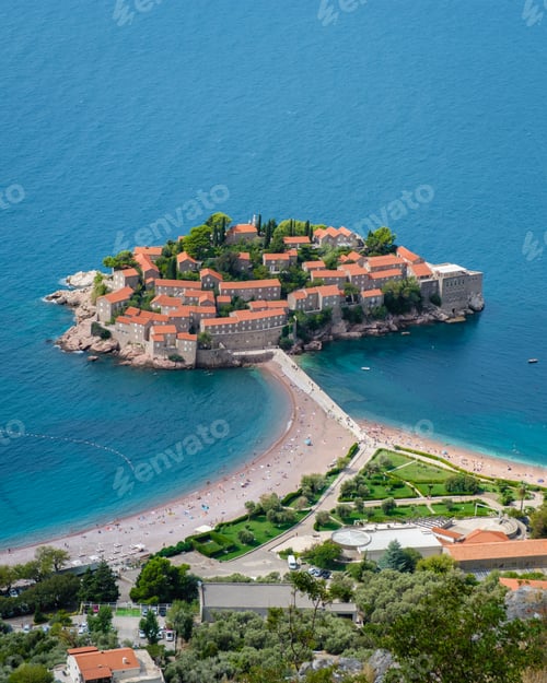 Preview: Breathtaking aerial view of Sveti Stefan, a charming island in Montenegro at midday