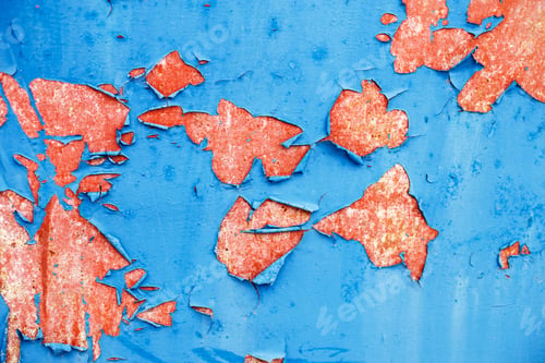Preview: Old blue paint peeling from red concrete wall texture background.