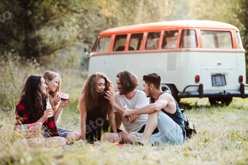 Preview: A group of friends sitting on ground on a roadtrip through countryside, having picnic.