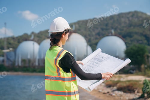 Preview: Confident female engineer in safety helmet and high-visibility vest holds blueprints.