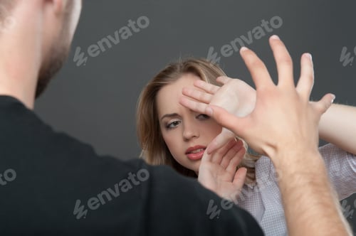 Preview: Young Man Wearing Black Shirt Wanted To Cuff Poor Fair-Haired Girl Shut Herself With Her Hands