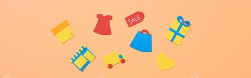 Preview: top view of icons isolated on peach background, panoramic shot