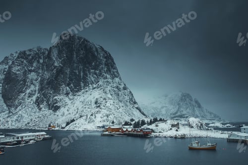 Preview: Snowy fishing village at Moskenesøya island, Norway