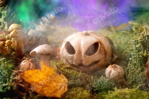 Preview: Jack-o-lantern in Fairy tale ambiance magical autumn forest
