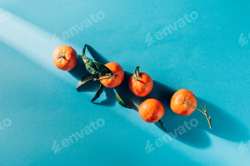 Preview: top view of arranged tangerines with leaves on blue surface