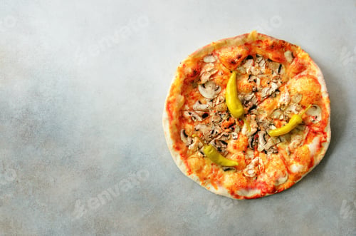 Preview: Mushroom Pizza with Yellow Peppers on Stone