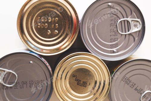 Preview: Tin, canned food isolated on white. Stock and proviant concept