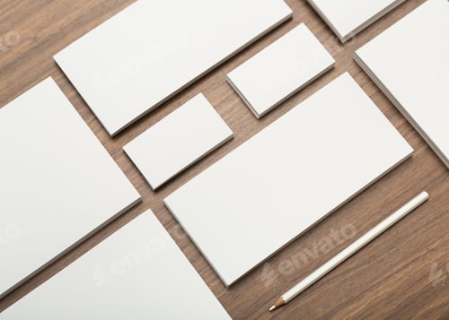 Preview: Variety of blank papers and a pen arranged on a wooden desk for creative projects or professional