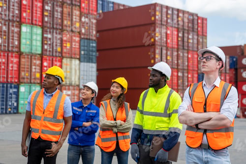 Preview: Group of engineer worker and manager standing in the shipping yard container.