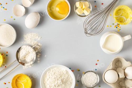Preview: Background with ingredients for cooking, baking, flat lay.